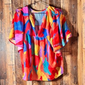 Flying Tomato Colorful Abstract Print V-Neck‎ Flutter Sleeve Blouse Top S